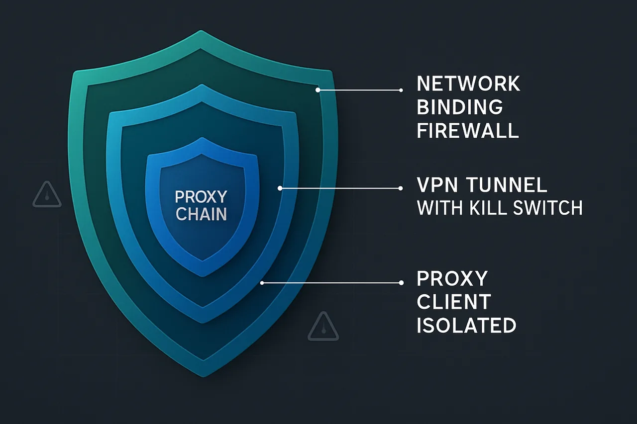 Diagram illustrating layered security approach to bulletproof torrent anonymity with network binding, VPN kill switch, and proxy chains