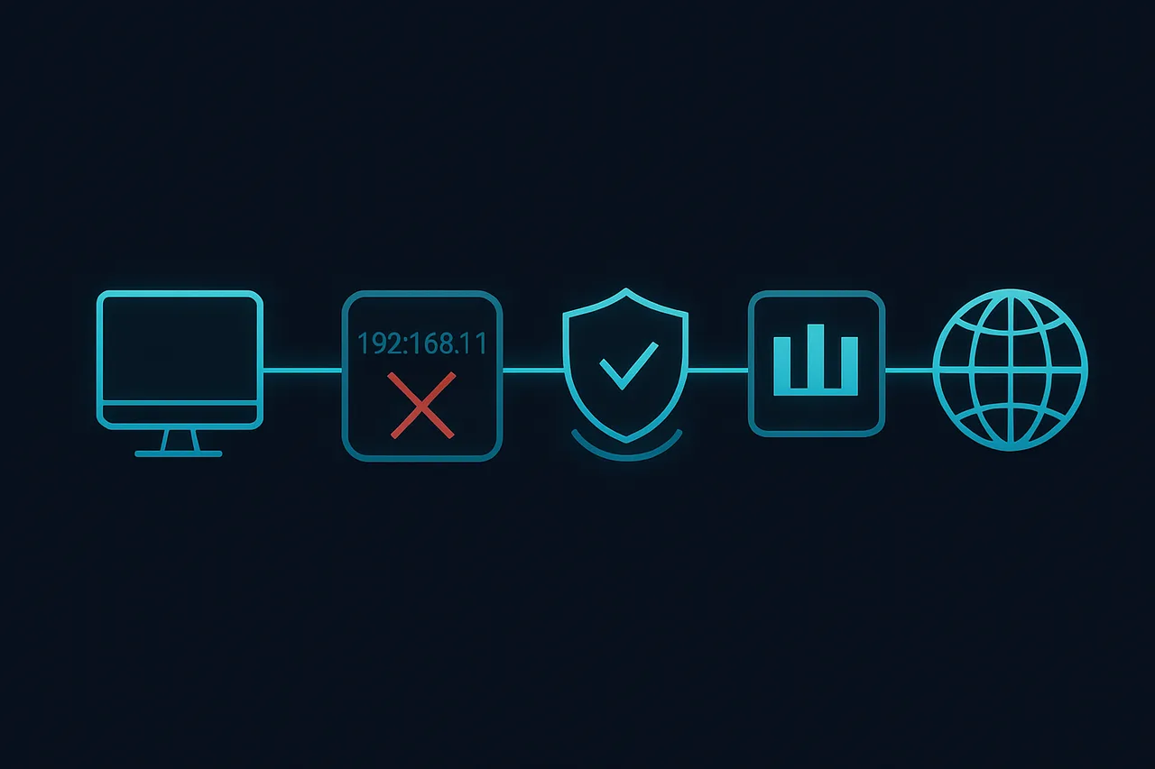 Network protection layers diagram showing IP leak prevention and VPN tunnel architecture