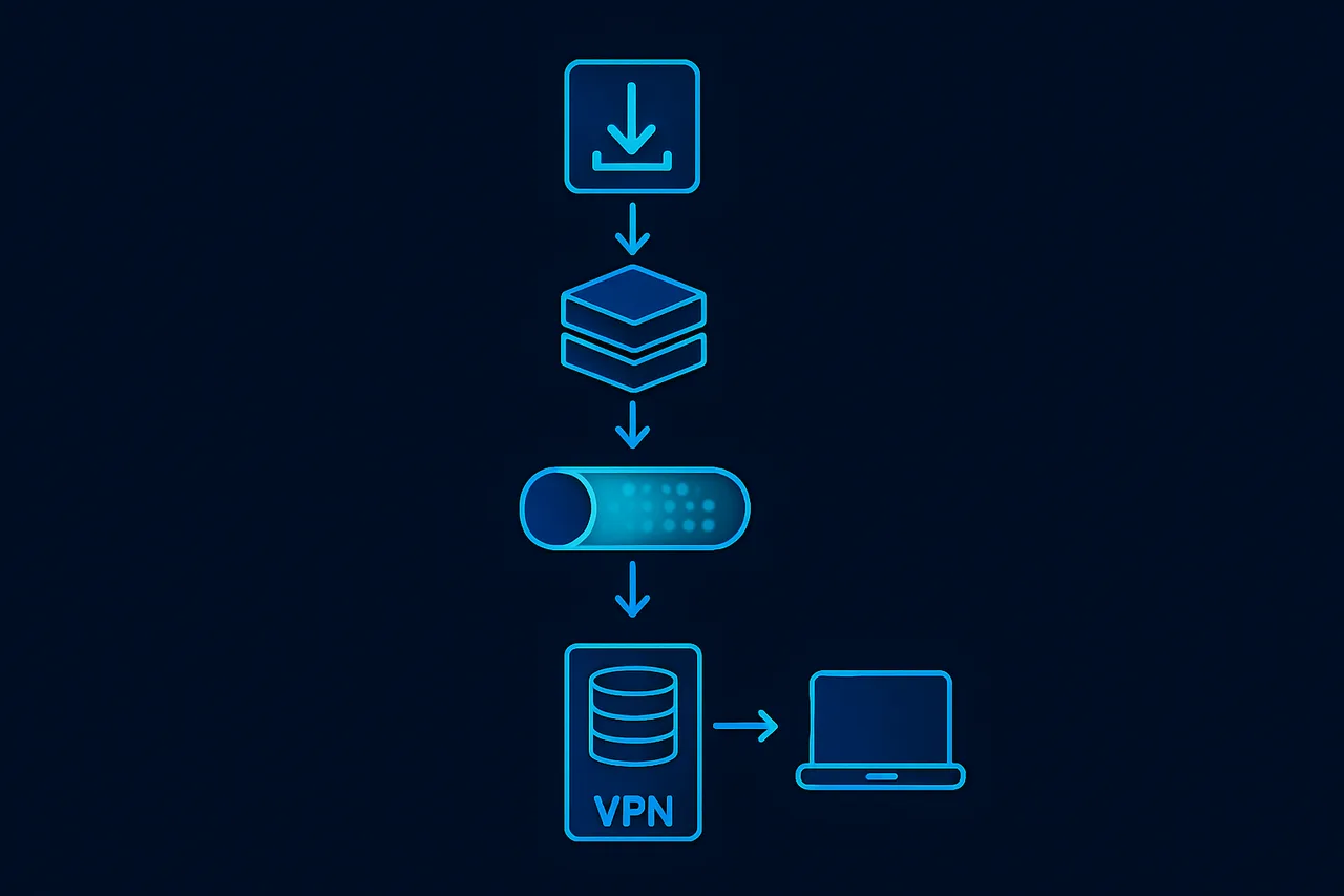 Workflow diagram showing automated download process flowing through VPN encryption to media server storage