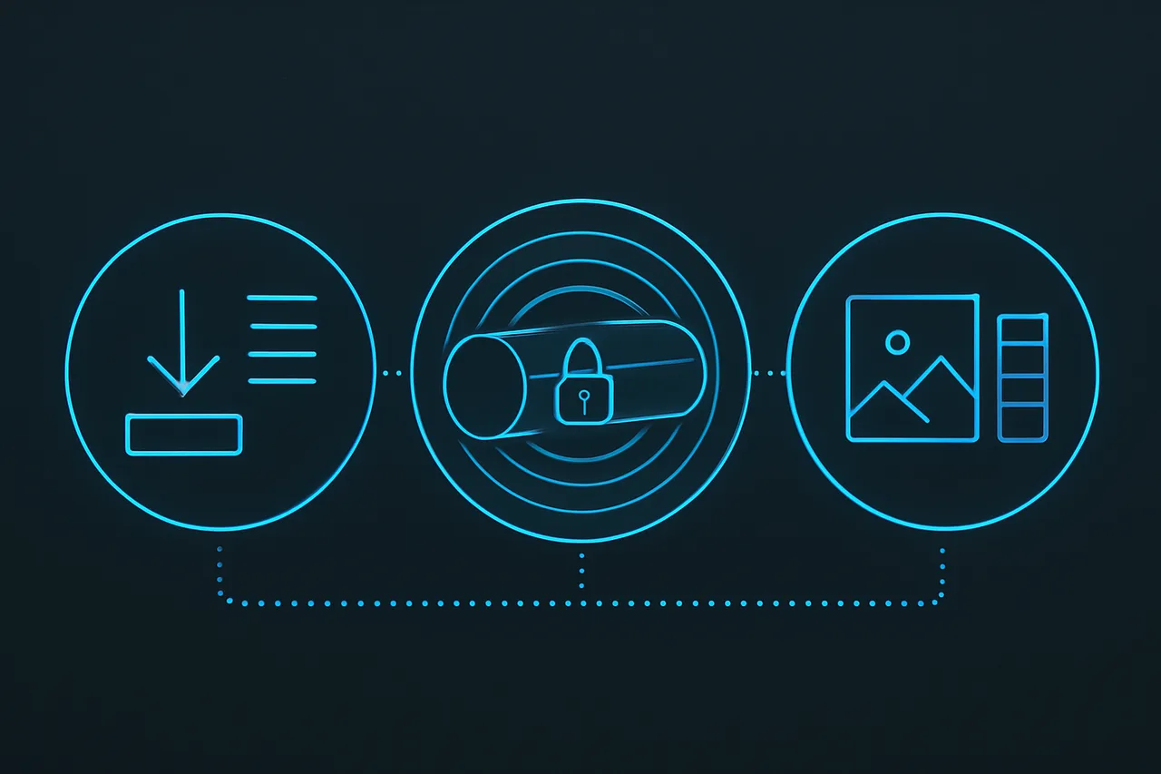 Conceptual illustration of three integrated components: automation, VPN encryption, and media management