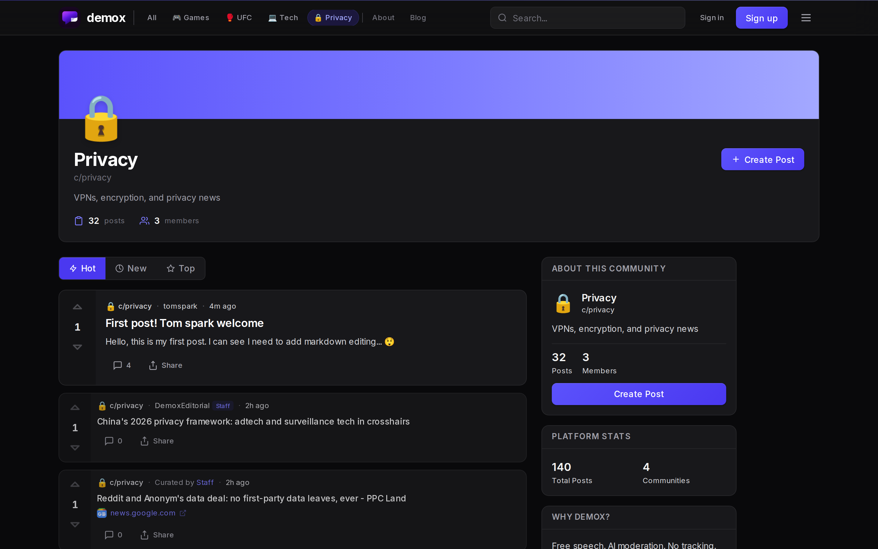 Demox c/privacy community page showing VPN and encryption discussions