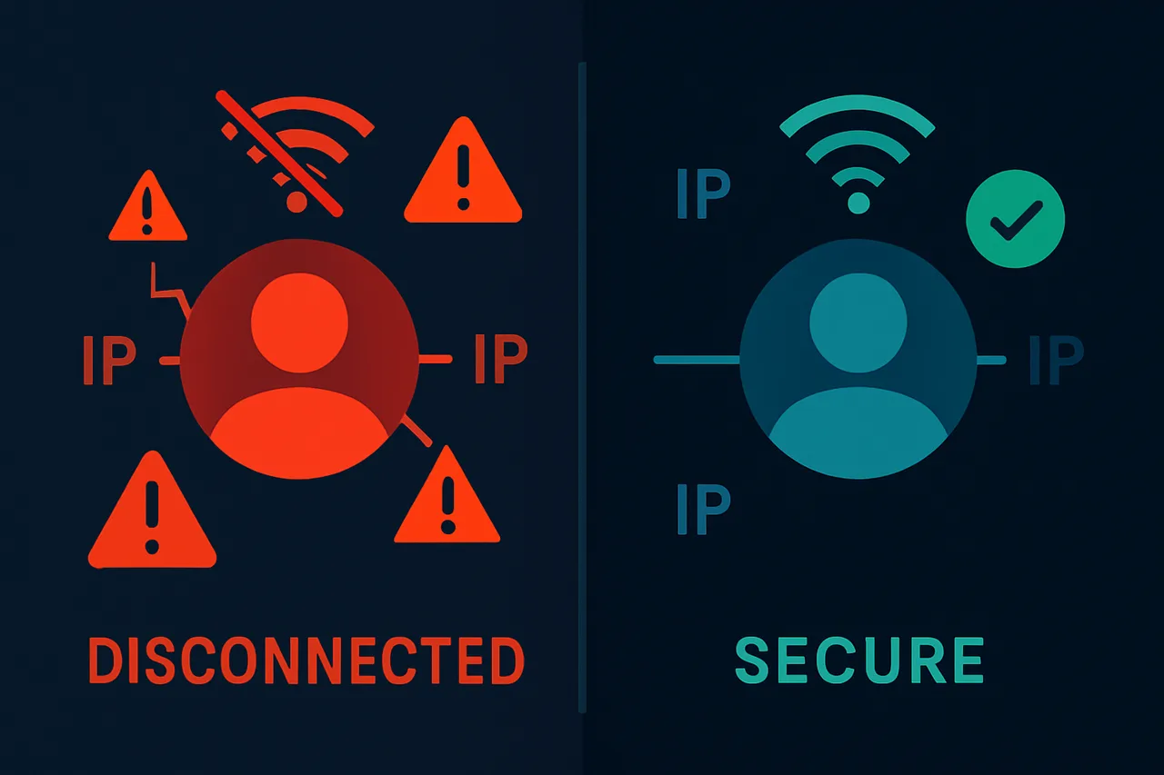 Before and after comparison showing banned account state versus secure account state in private tracker systems