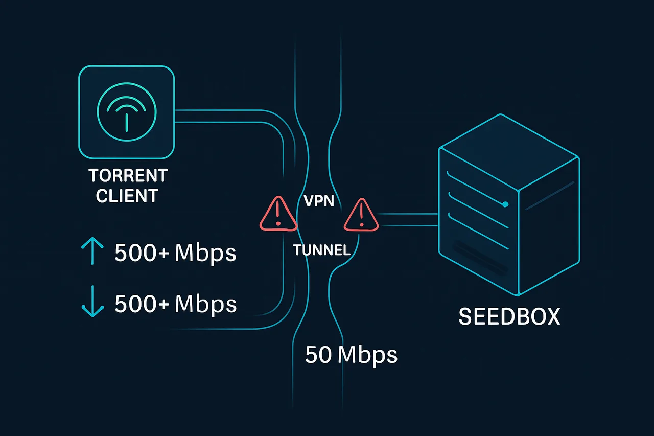 Diagram illustrating VPN bottleneck effect on seedbox performance