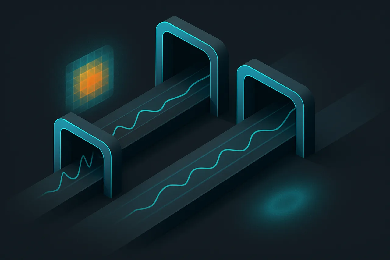 Isometric 3D visualization comparing three different VPN configurations with varying speed, stability, and CPU usage characteristics