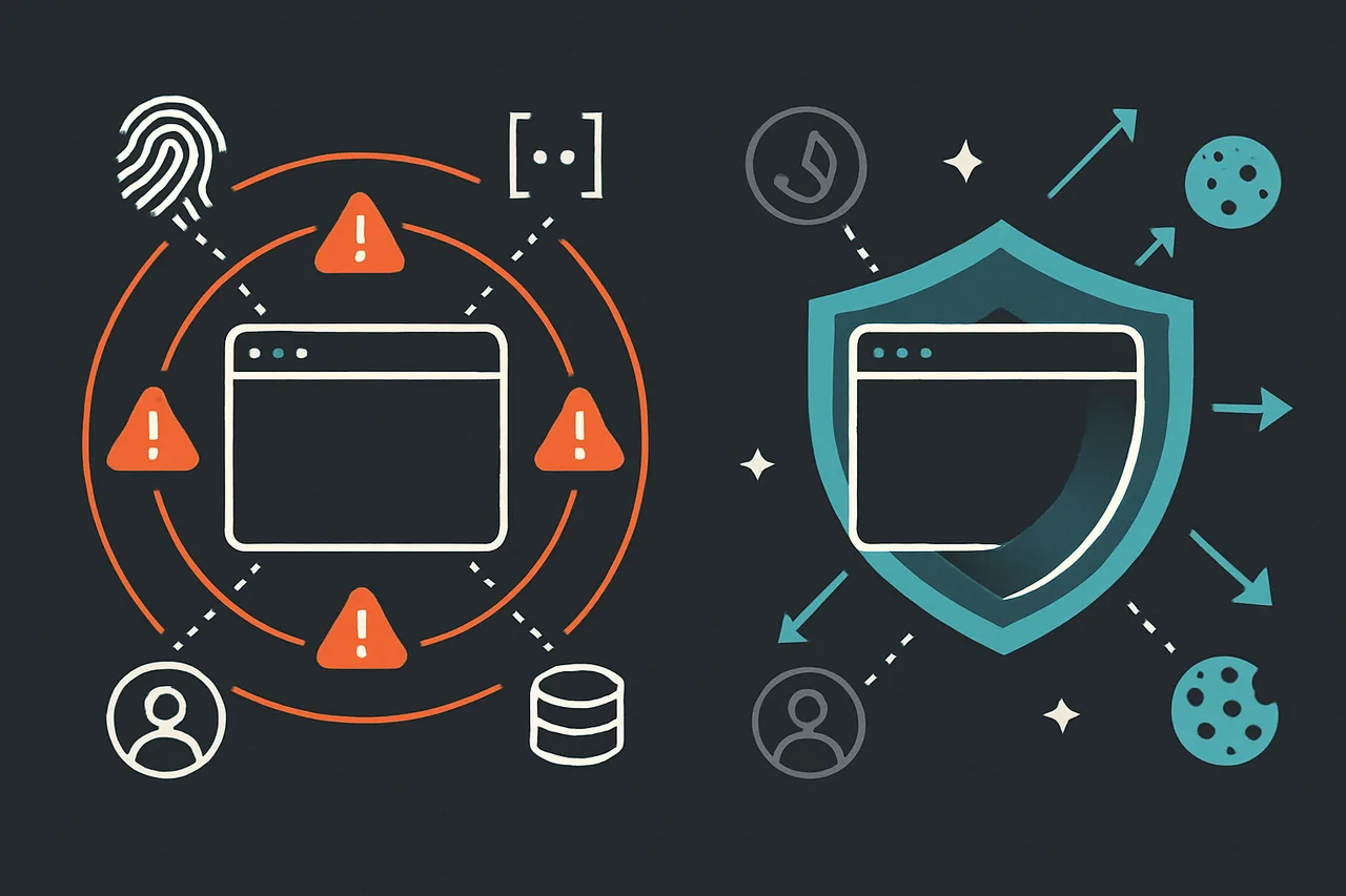 Side-by-side comparison diagram showing an unprotected browser exposed to tracking versus a hardened browser with privacy countermeasures in place