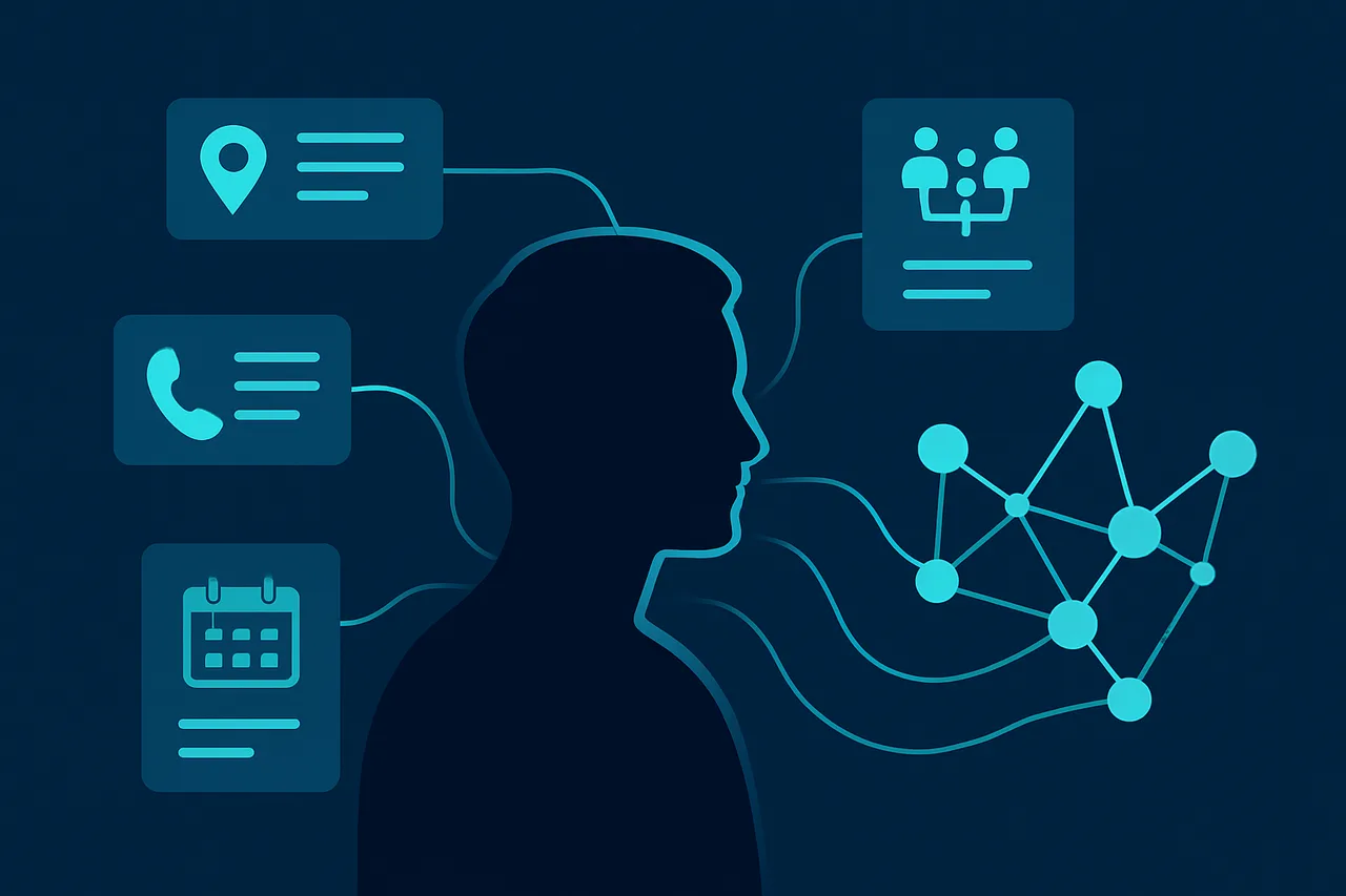 Data aggregation visualization showing personal information being collected from multiple sources