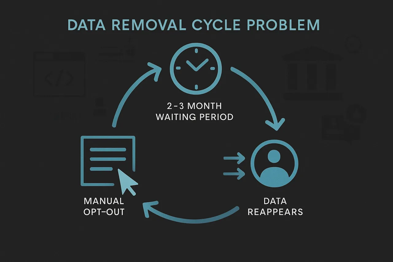 Diagram showing the recurring cycle of manual data removal and data reappearance every 2-3 months