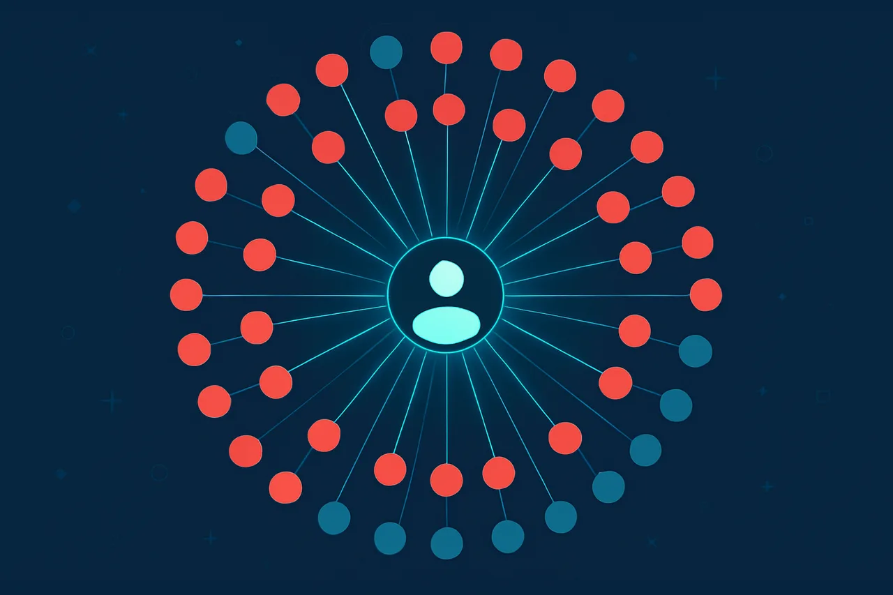 Network diagram showing personal data distributed across 64 data broker websites