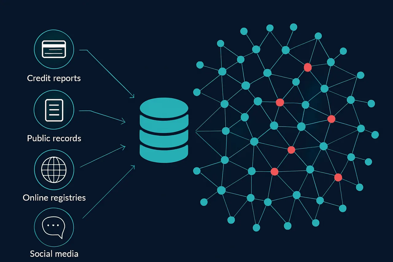 Network diagram showing data broker ecosystem and re-listing problem