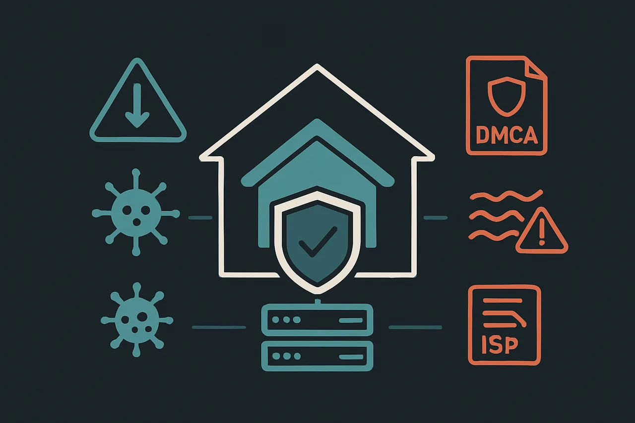 Network security diagram contrasting external internet threats with protected local media storage