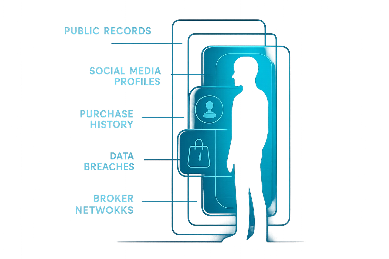 Diagram illustrating how personal data is collected from multiple sources and aggregated into a complete profile