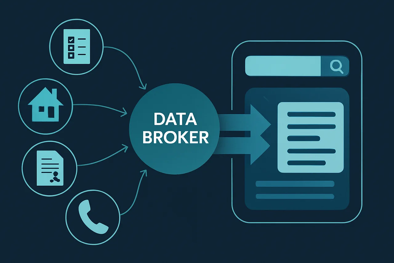 Diagram illustrating how personal data flows from public records through data brokers to appear in search results