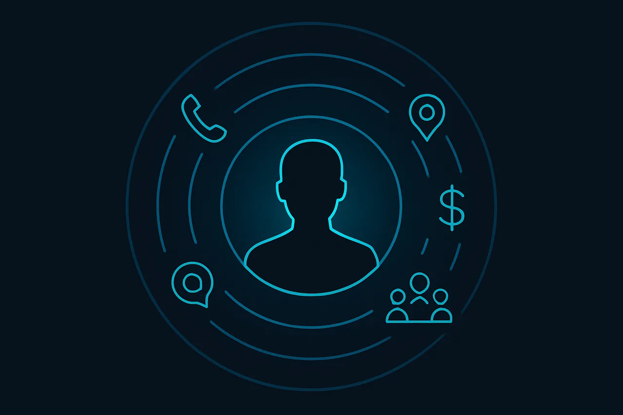 Infographic of personal data exposure layers radiating from a central figure