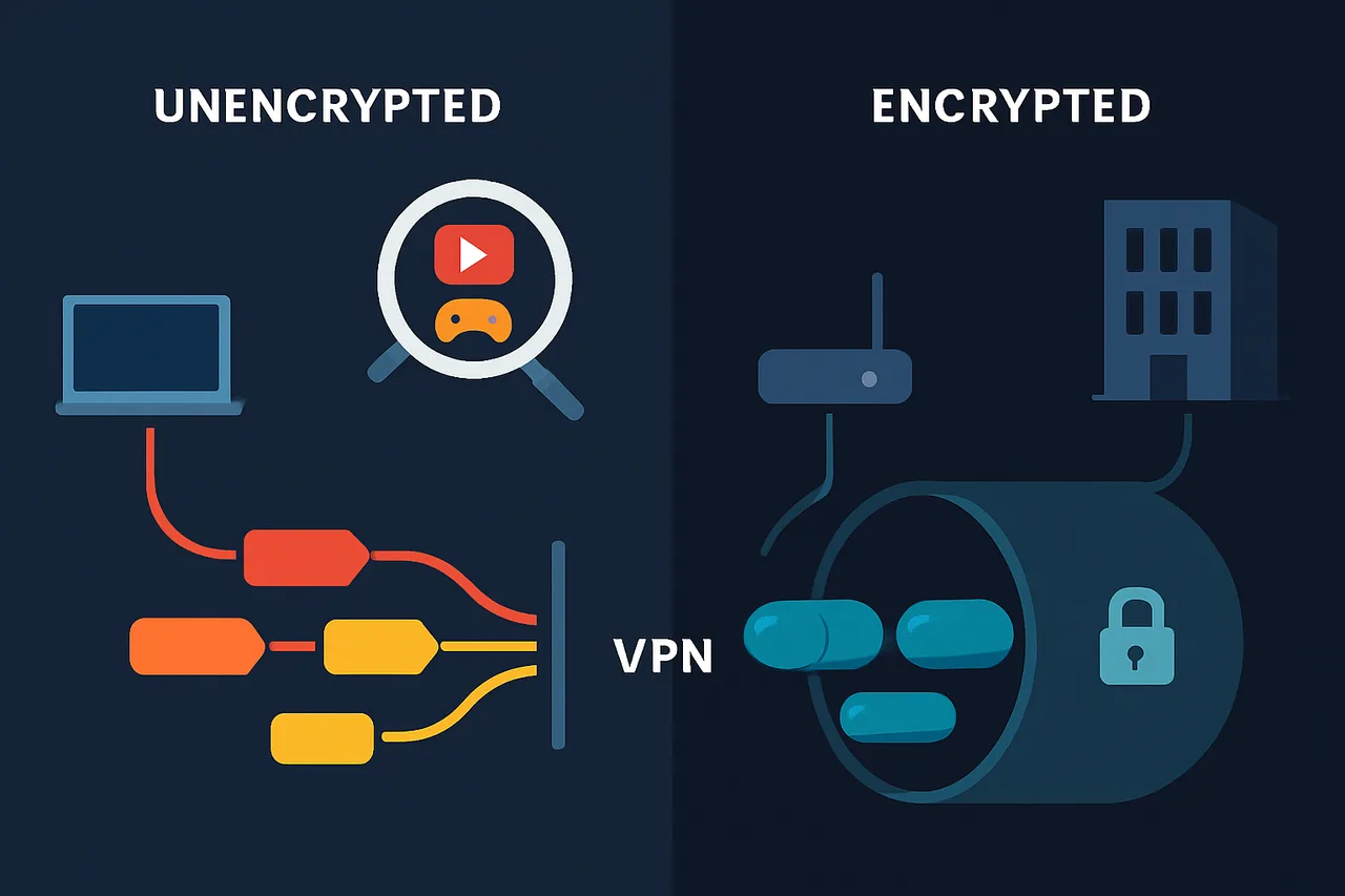 Split-screen comparison of unencrypted vs VPN-encrypted internet traffic flow