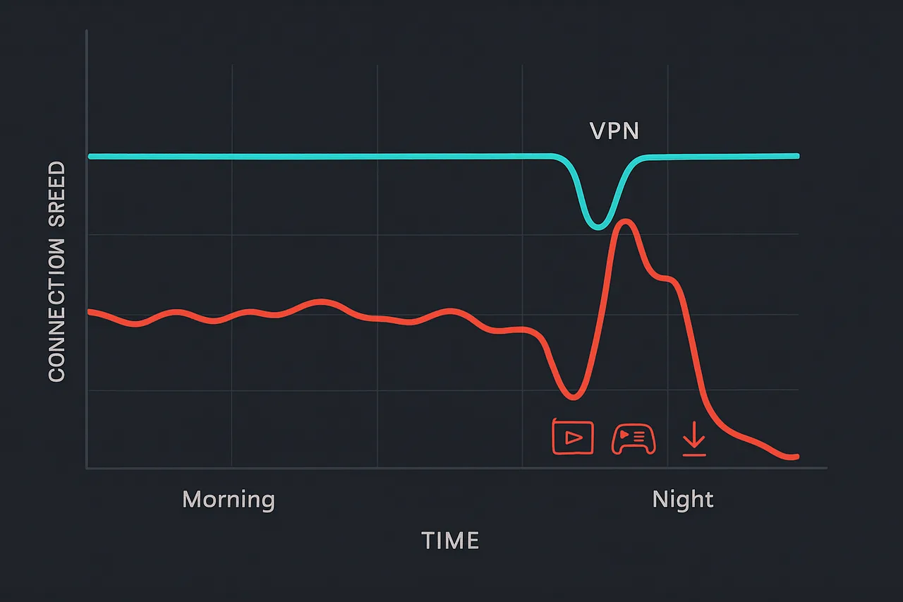 Graph comparing throttled speeds vs stable VPN-protected speeds throughout the day