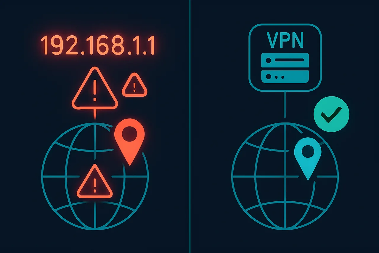 Visual comparison of IP address before and after VPN connection, showing geographic location change from actual to masked location