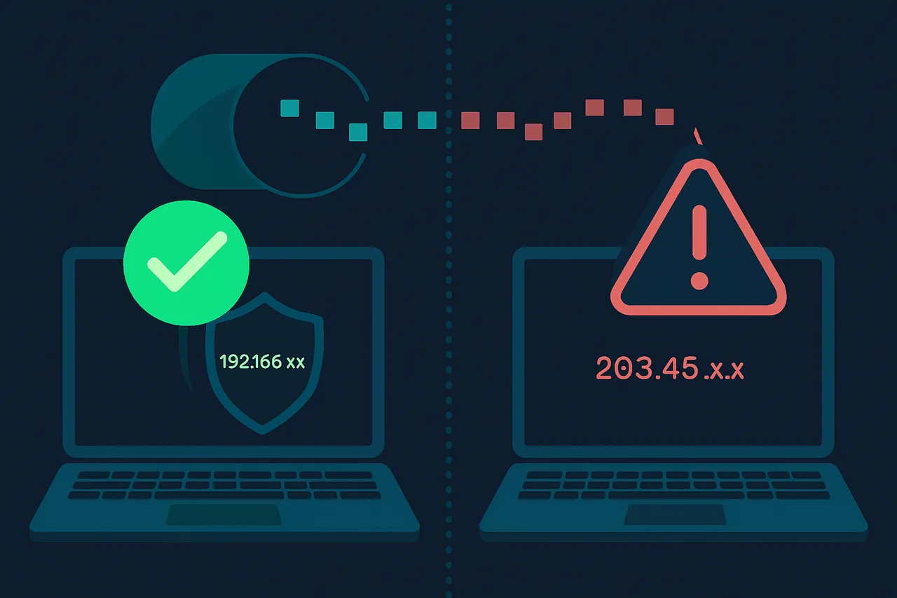 Side-by-side comparison diagram showing protected vs. leaked IP addresses during VPN connection