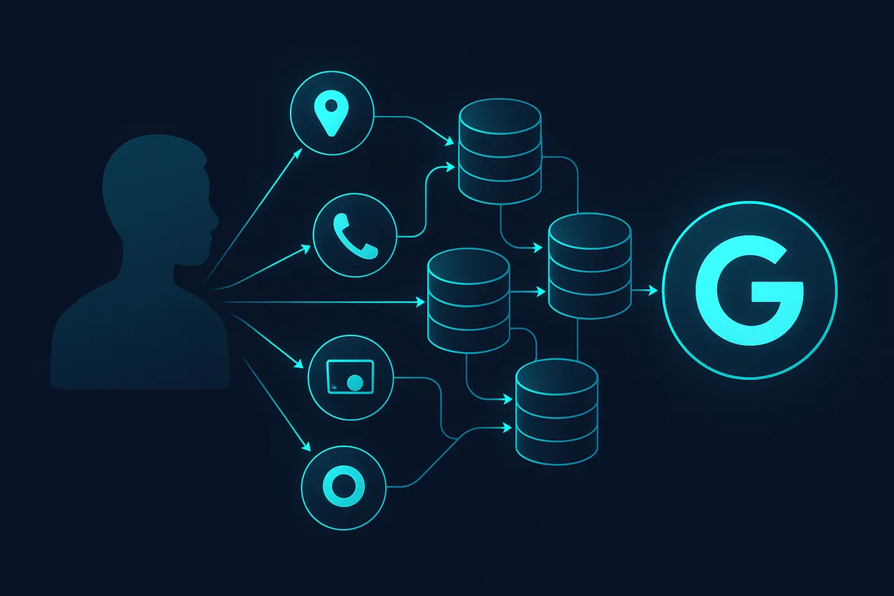 Diagram illustrating how personal information flows from various sources through data brokers to Google search results