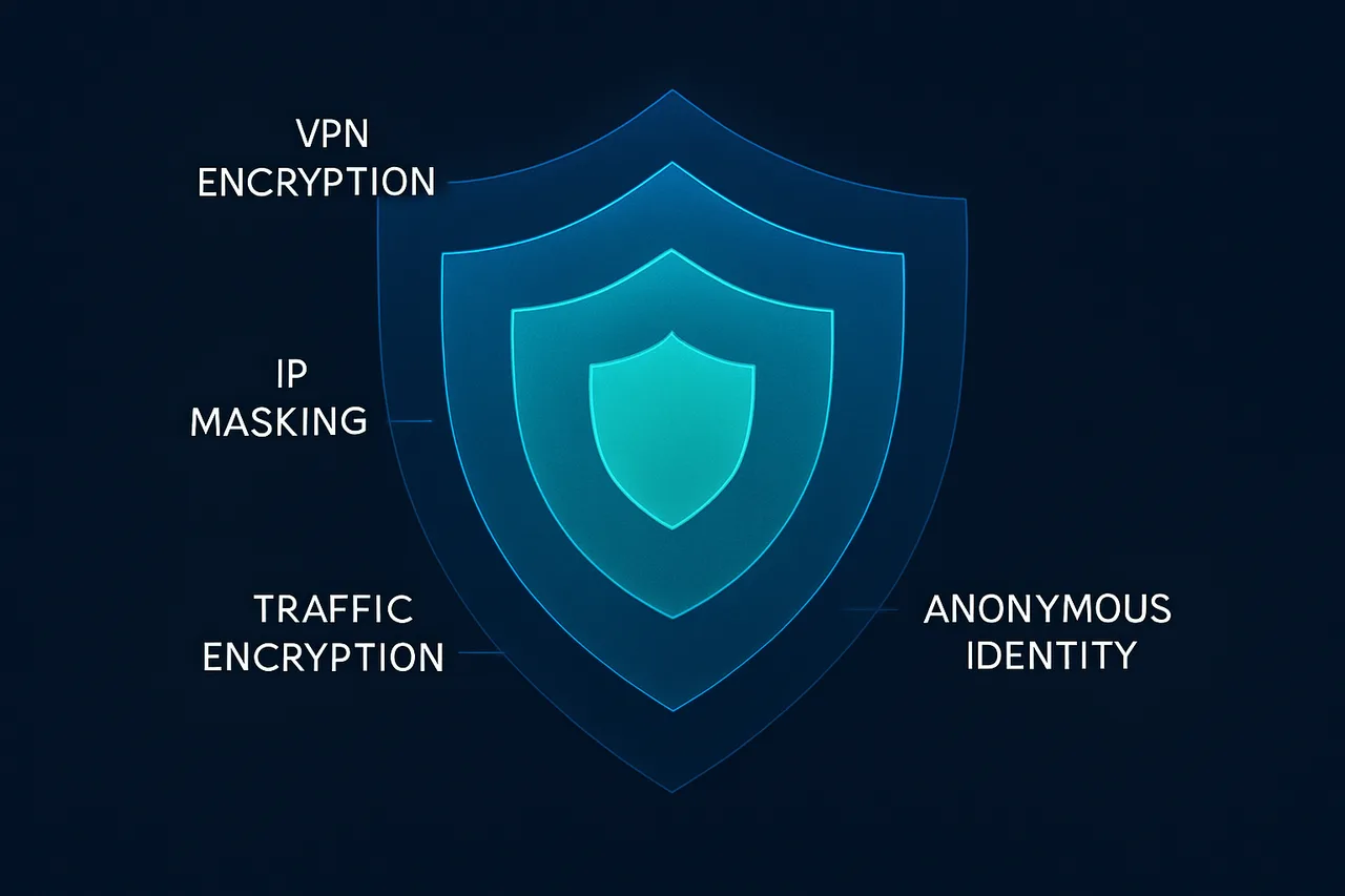 Multi-layered security shield diagram showing encryption and anonymity layers