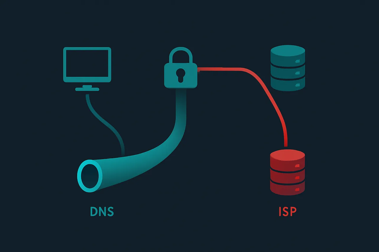 Diagram comparing secure DNS routing through VPN tunnel versus DNS leak exposure