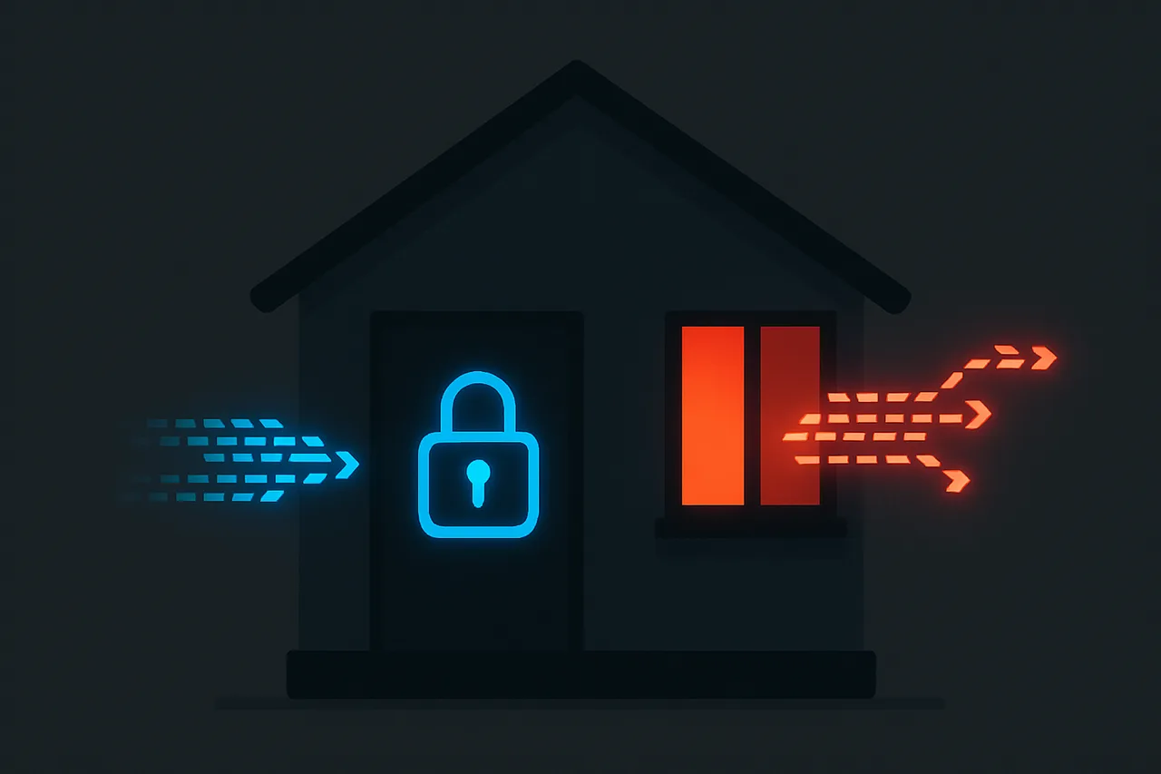 Conceptual illustration of a house with locked door but open window representing DNS leak security gap