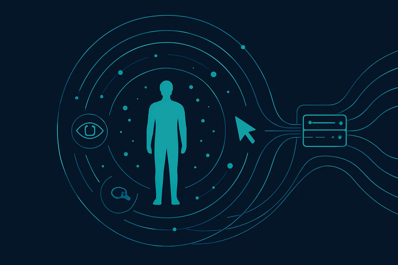 Conceptual illustration of personal data collection showing a figure surrounded by behavioral tracking metrics