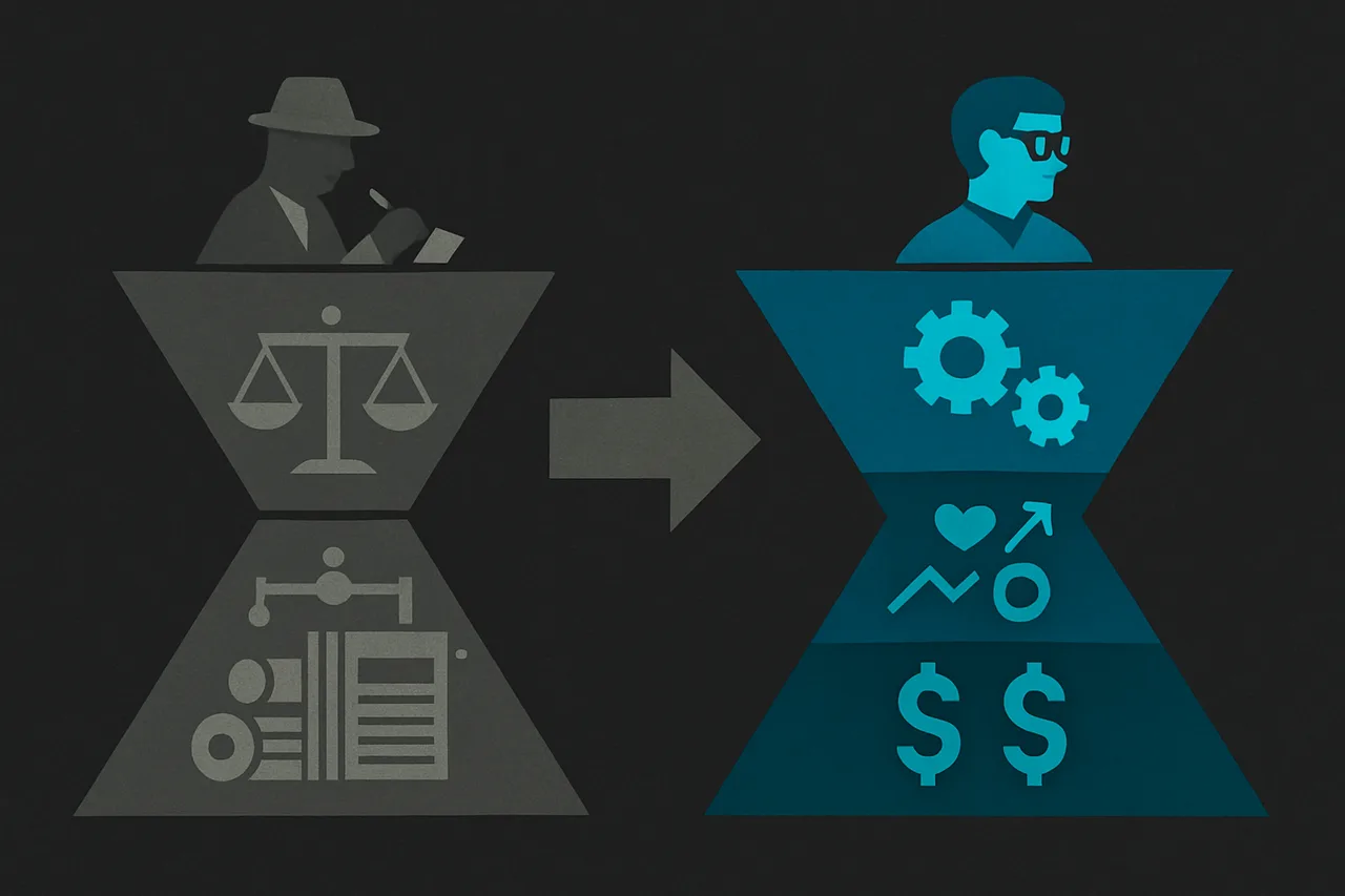 Before-and-after comparison diagram showing traditional journalism versus surveillance capitalism-driven news model