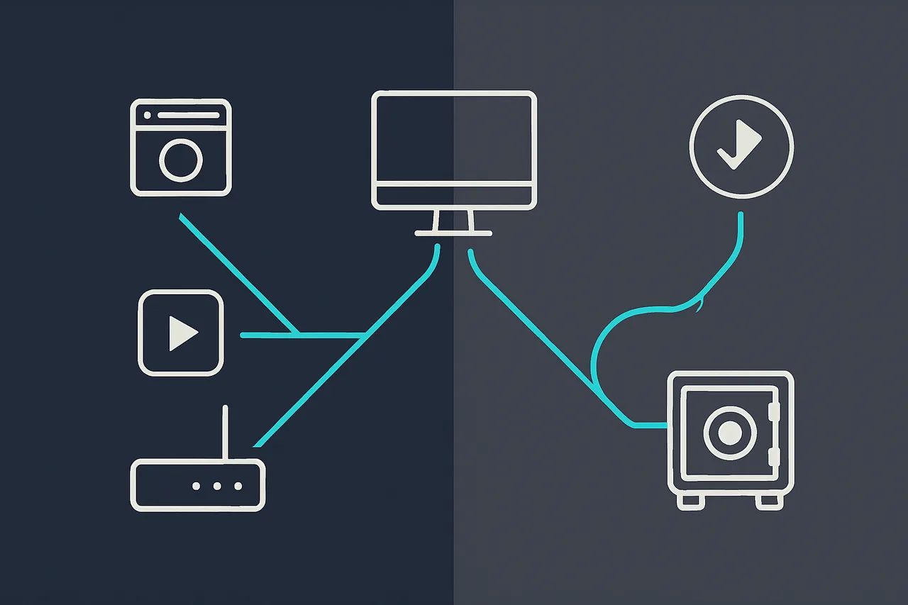 Network diagram illustrating split tunneling with torrent traffic routed through VPN encryption tunnel while regular traffic uses standard connection