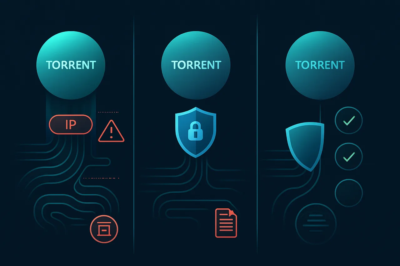 Comparison visualization of three torrent routing scenarios: unsecured, full VPN, and split tunneling with security and speed tradeoffs
