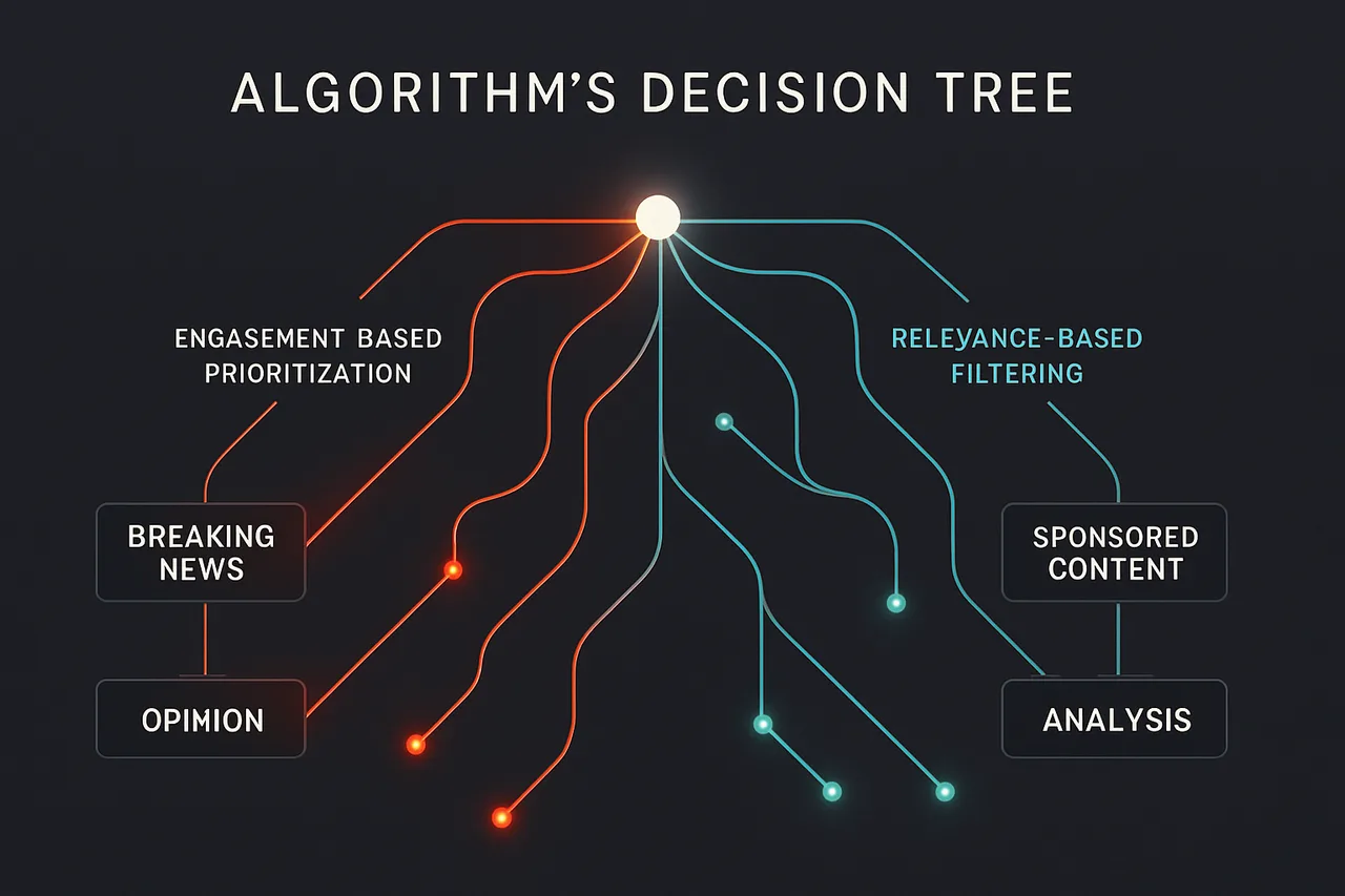 Algorithm visualization comparing engagement-driven vs. relevance-driven news feeds