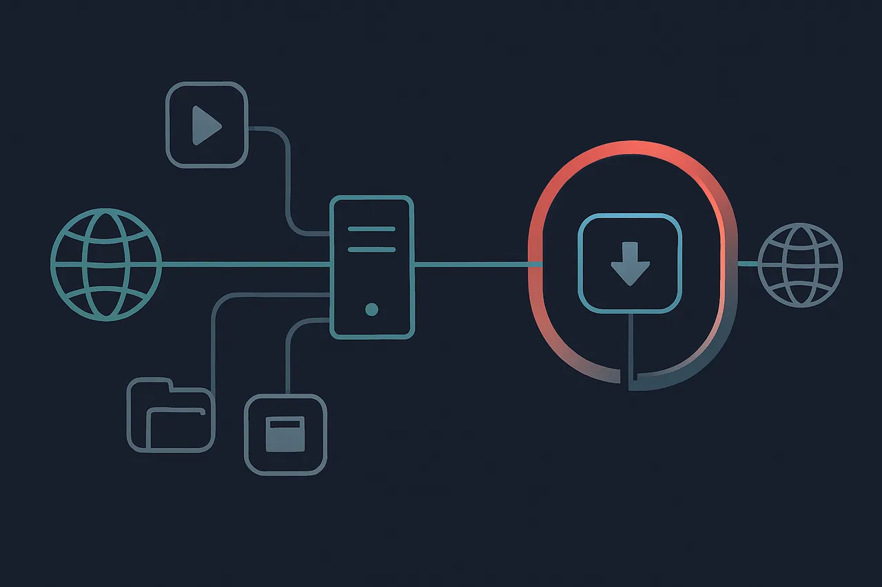 Network diagram showing container-based VPN isolation with torrent client protected by VPN tunnel while other services bypass VPN