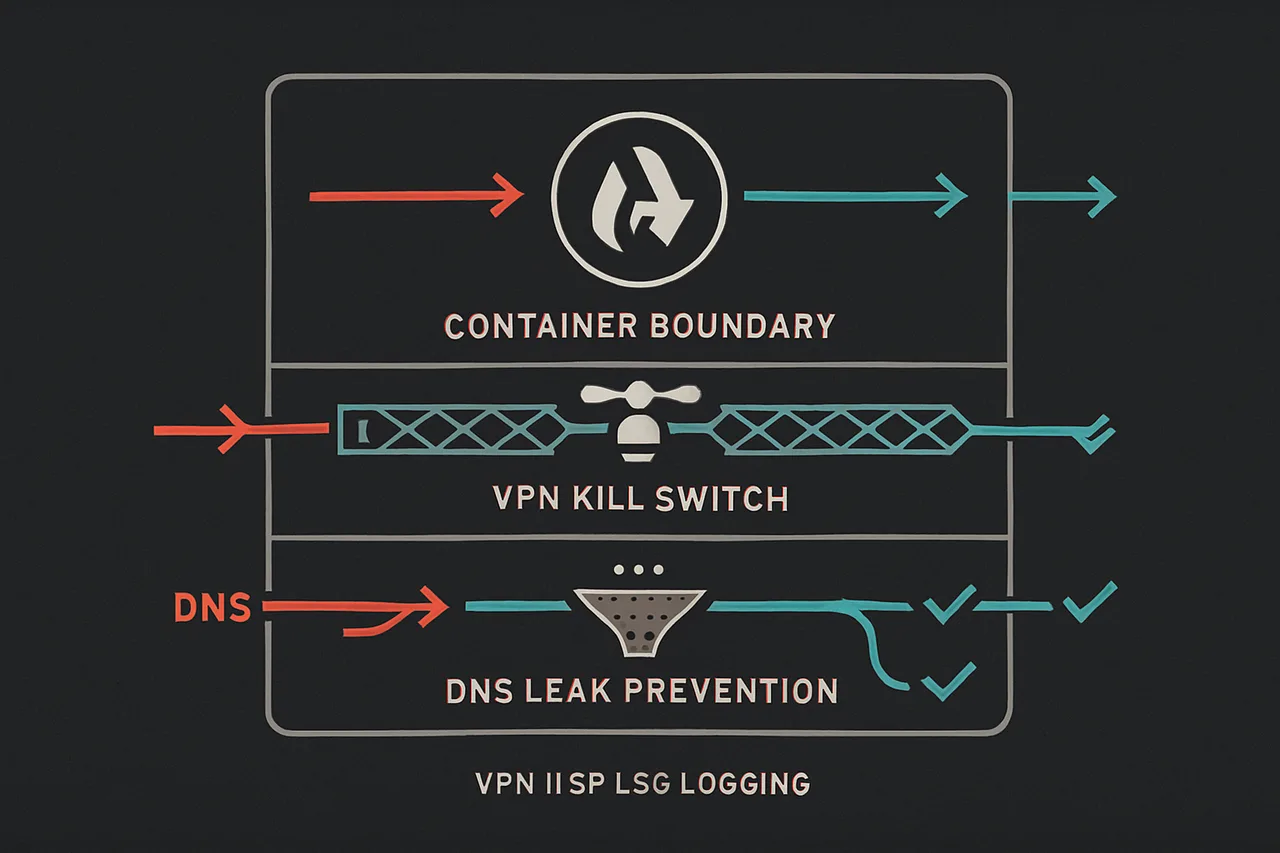 Multi-layer security diagram showing container isolation, VPN kill switch, and DNS leak prevention working together