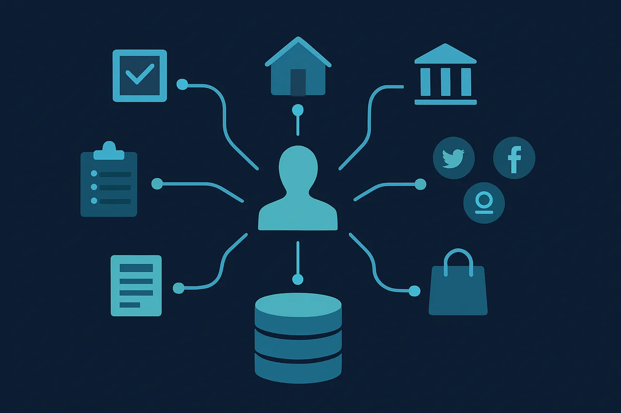 Infographic illustrating how personal data from multiple public sources flows into Whitepages databases