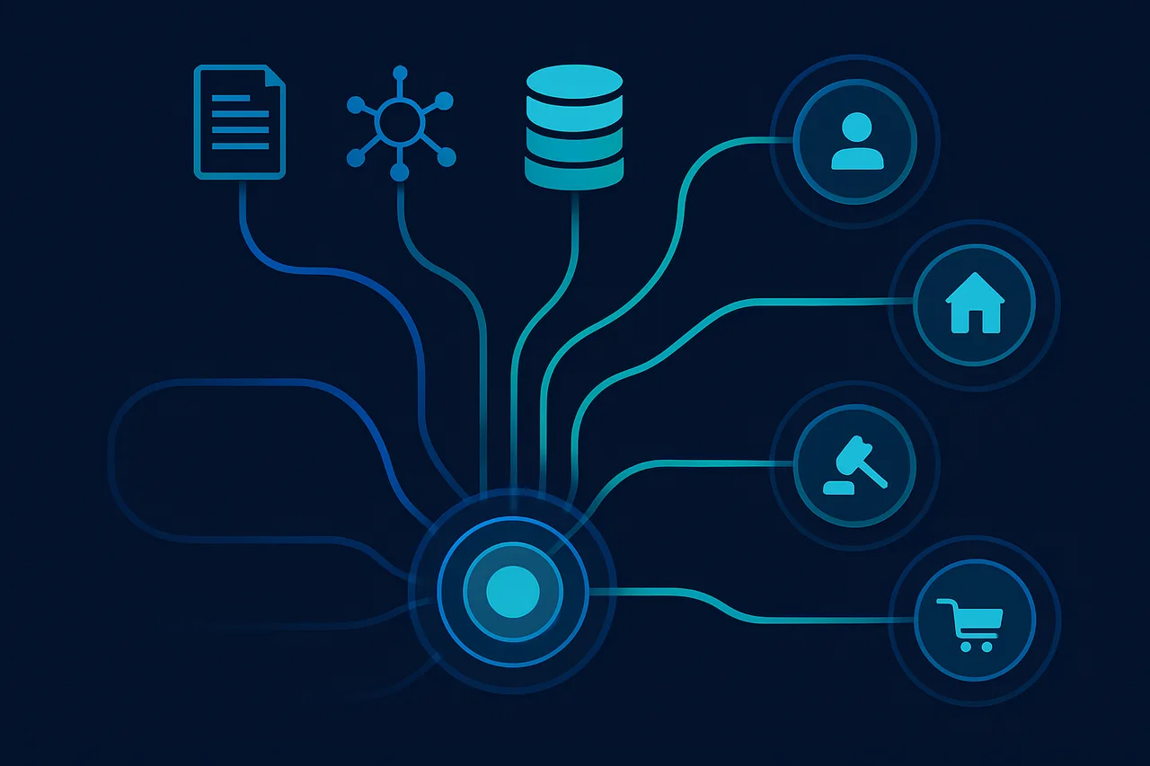 Data aggregation flow diagram showing how personal information from multiple sources converges into a central data broker system