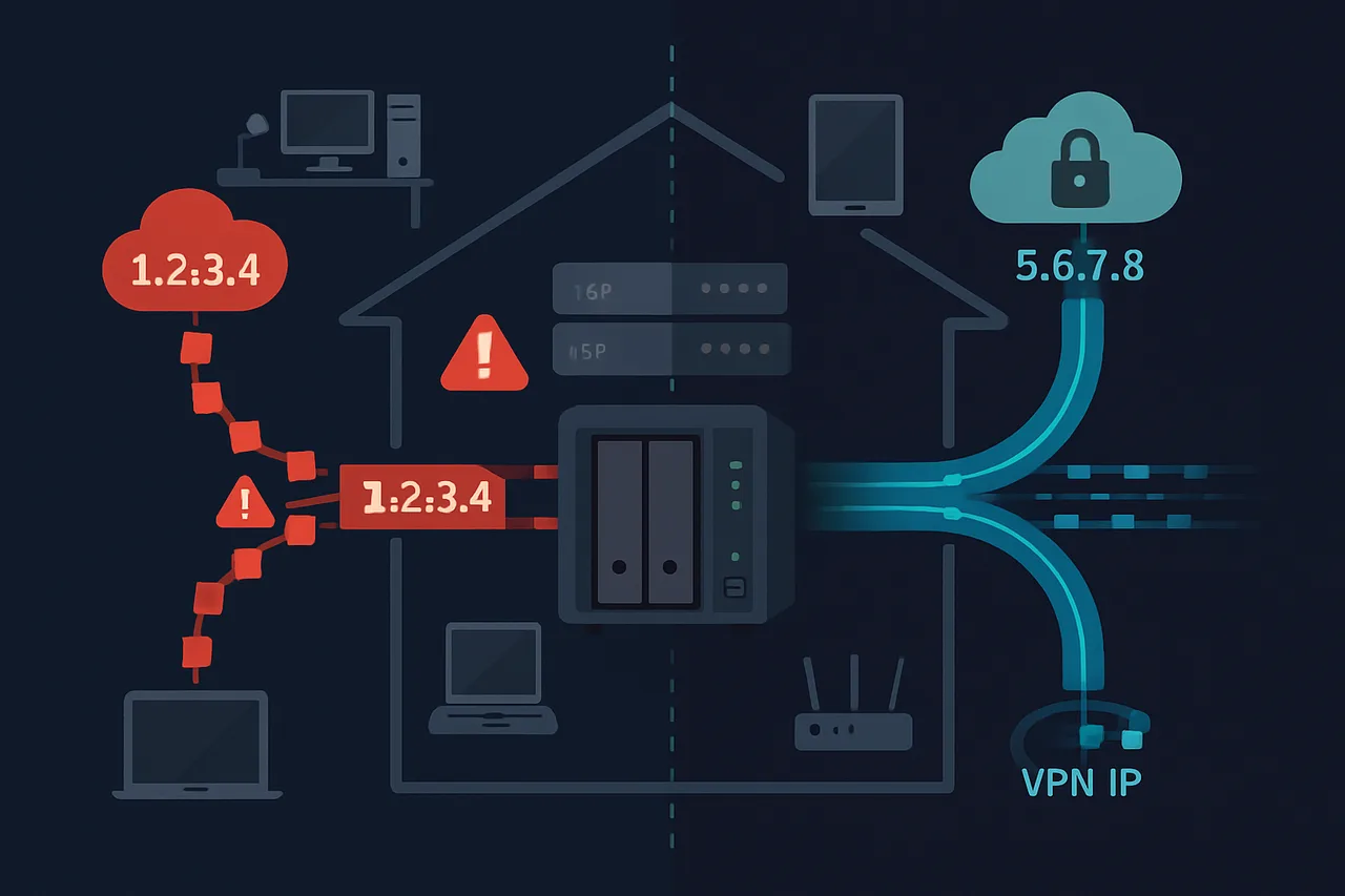 Network diagram comparing unprotected vs VPN-protected NAS traffic flow