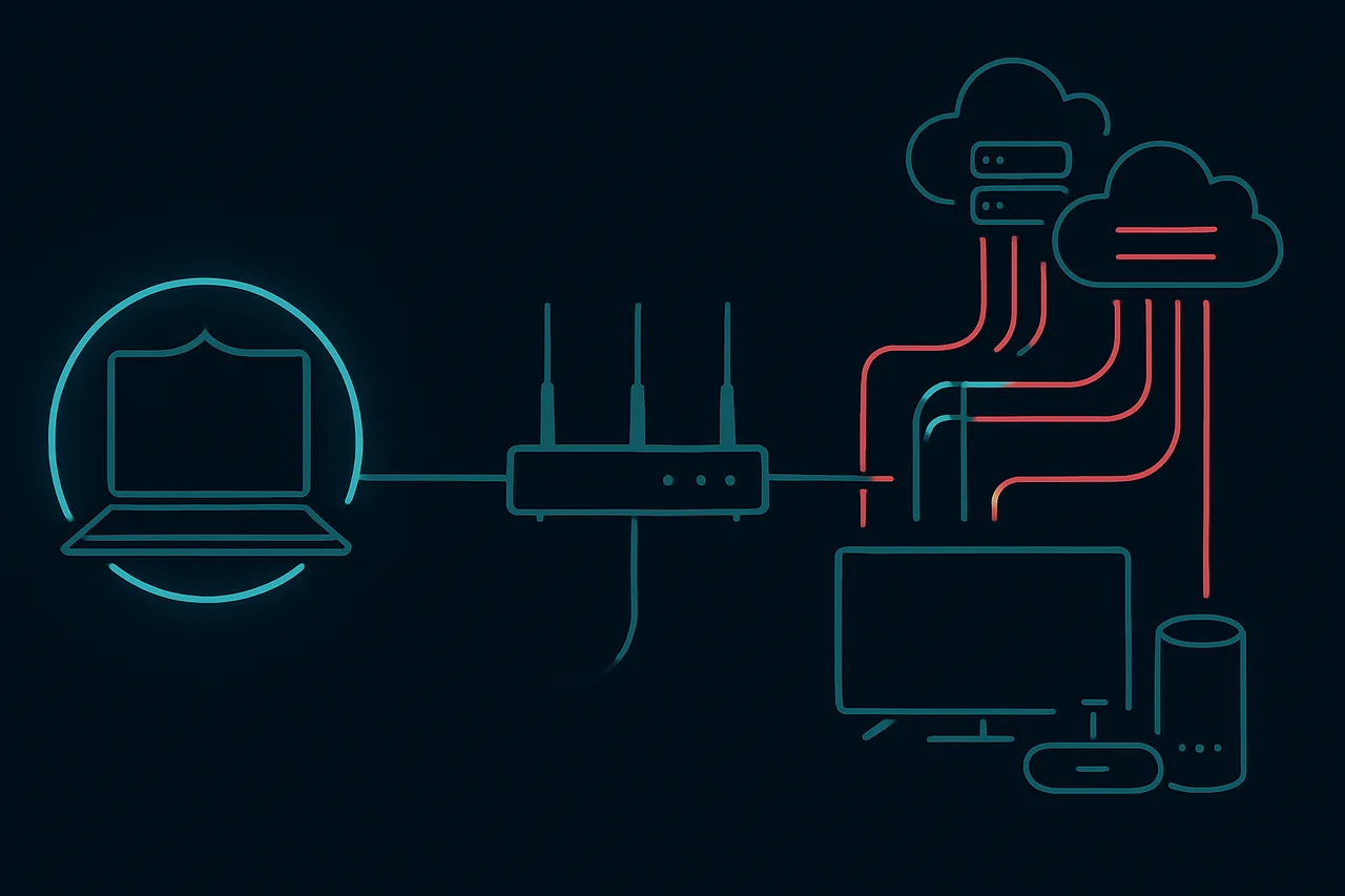 Network diagram showing protected vs unprotected devices in a home network