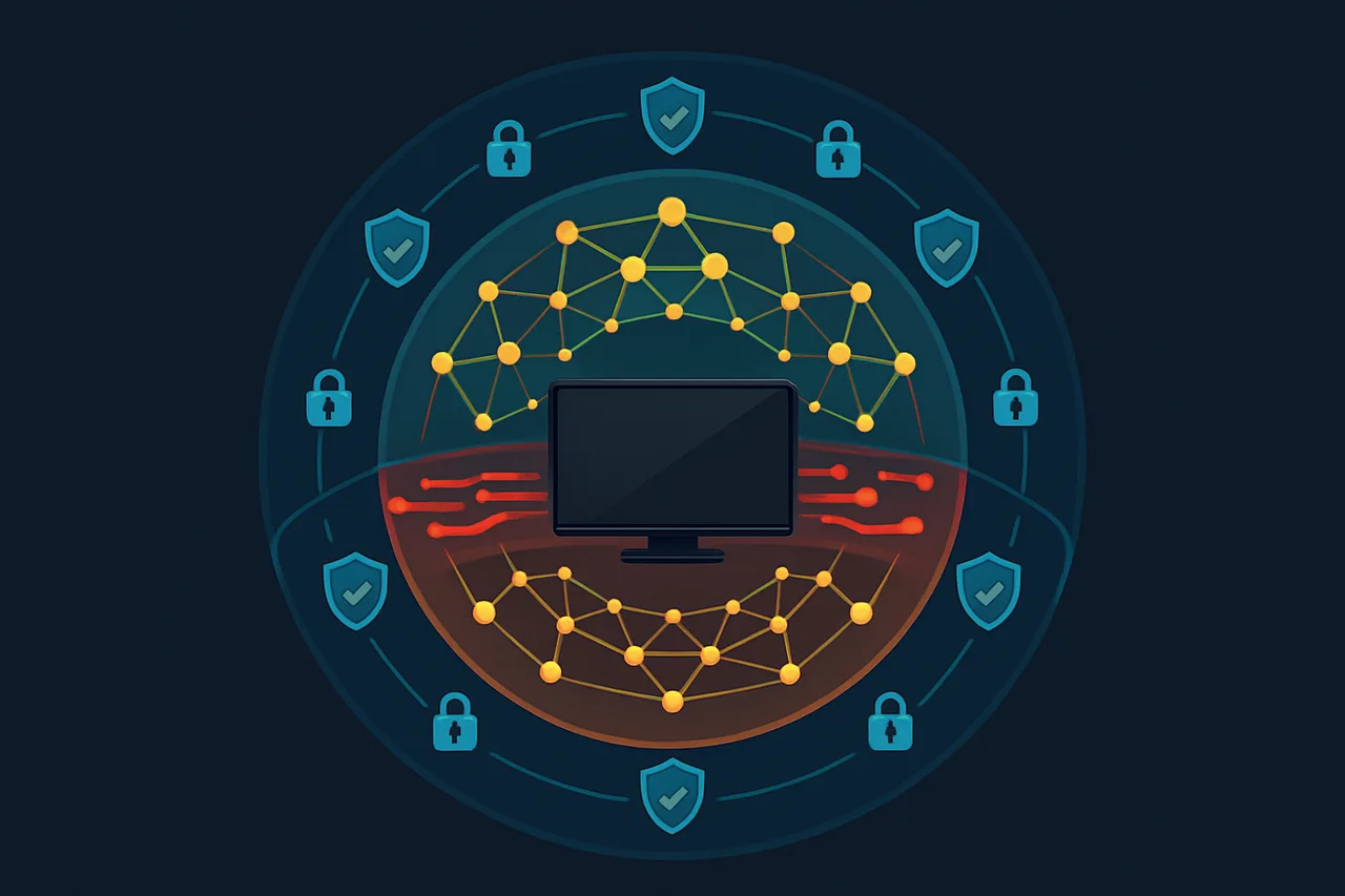 Conceptual diagram showing layers of data exposure and VPN protection around an Android TV device