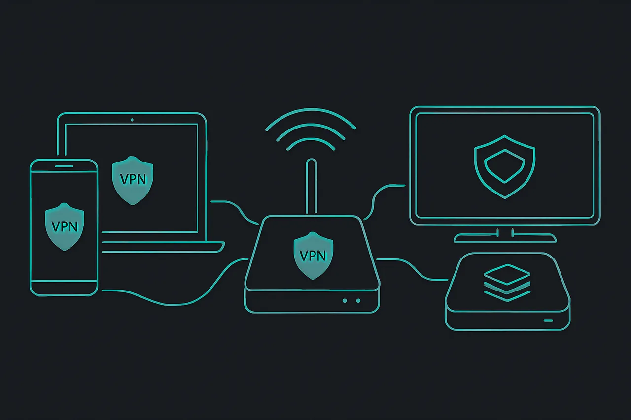 Three-column comparison diagram illustrating native apps, router-level VPN, and sideloaded client approaches