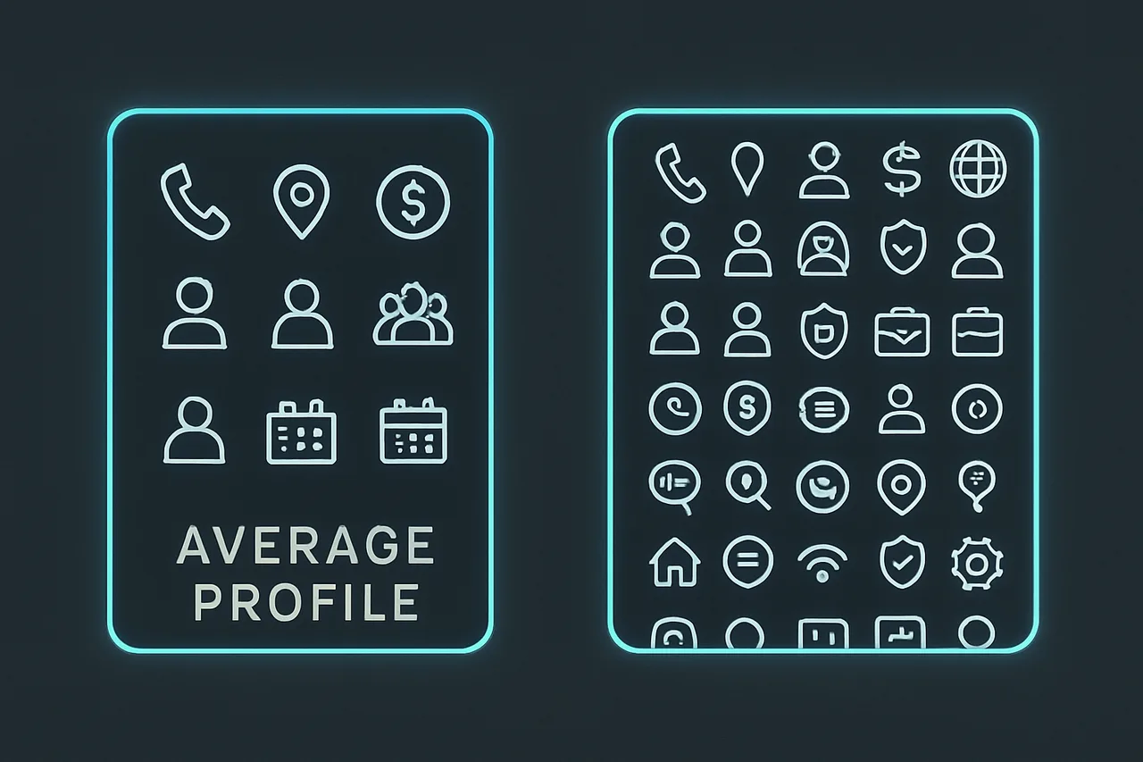 Visual comparison showing the difference between average data profile (8-10 data points) versus comprehensive profile (20+ data points)