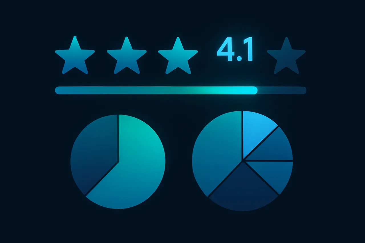 Star rating scale showing 4.1 stars with pie chart breakdown of review distribution