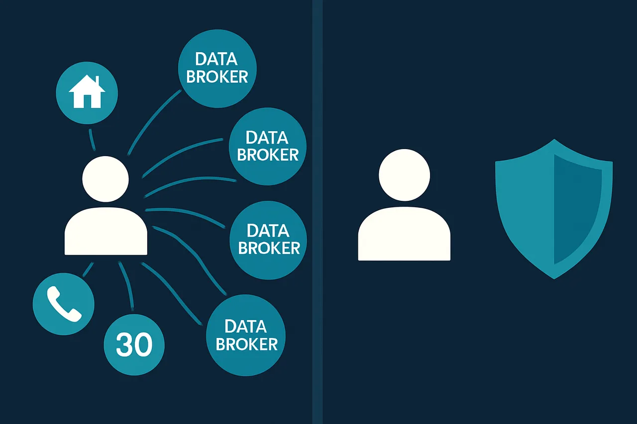 Infographic comparing unprotected personal data exposure across brokers versus protected data after removal service