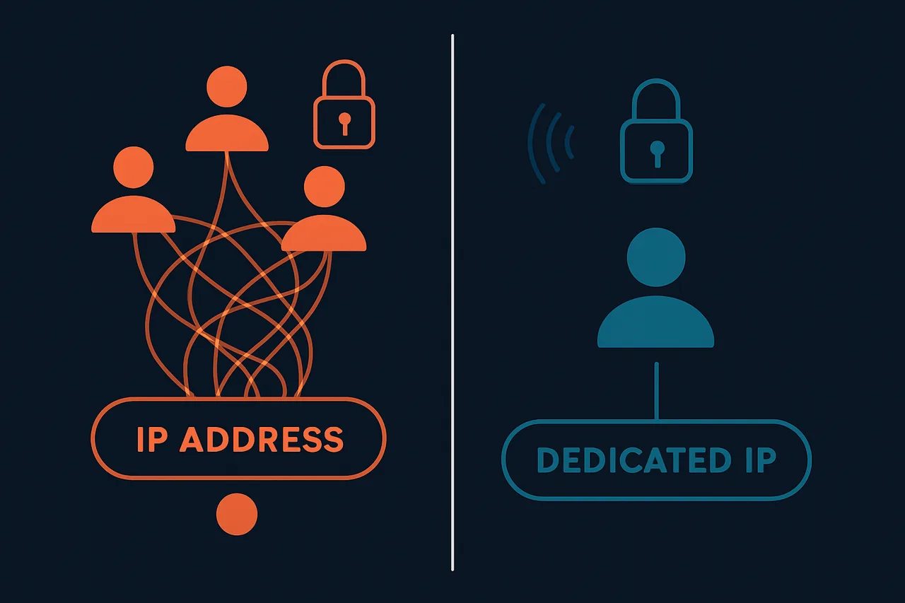 Split-screen comparison of shared IP versus dedicated IP addresses