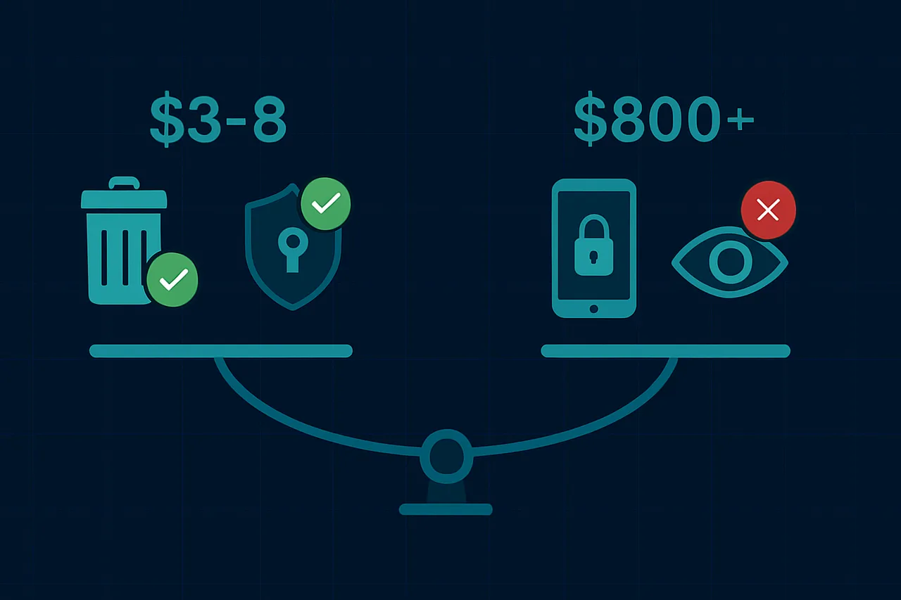 Cost-benefit spectrum infographic comparing affordable privacy tools on the left versus expensive ineffective solutions on the right