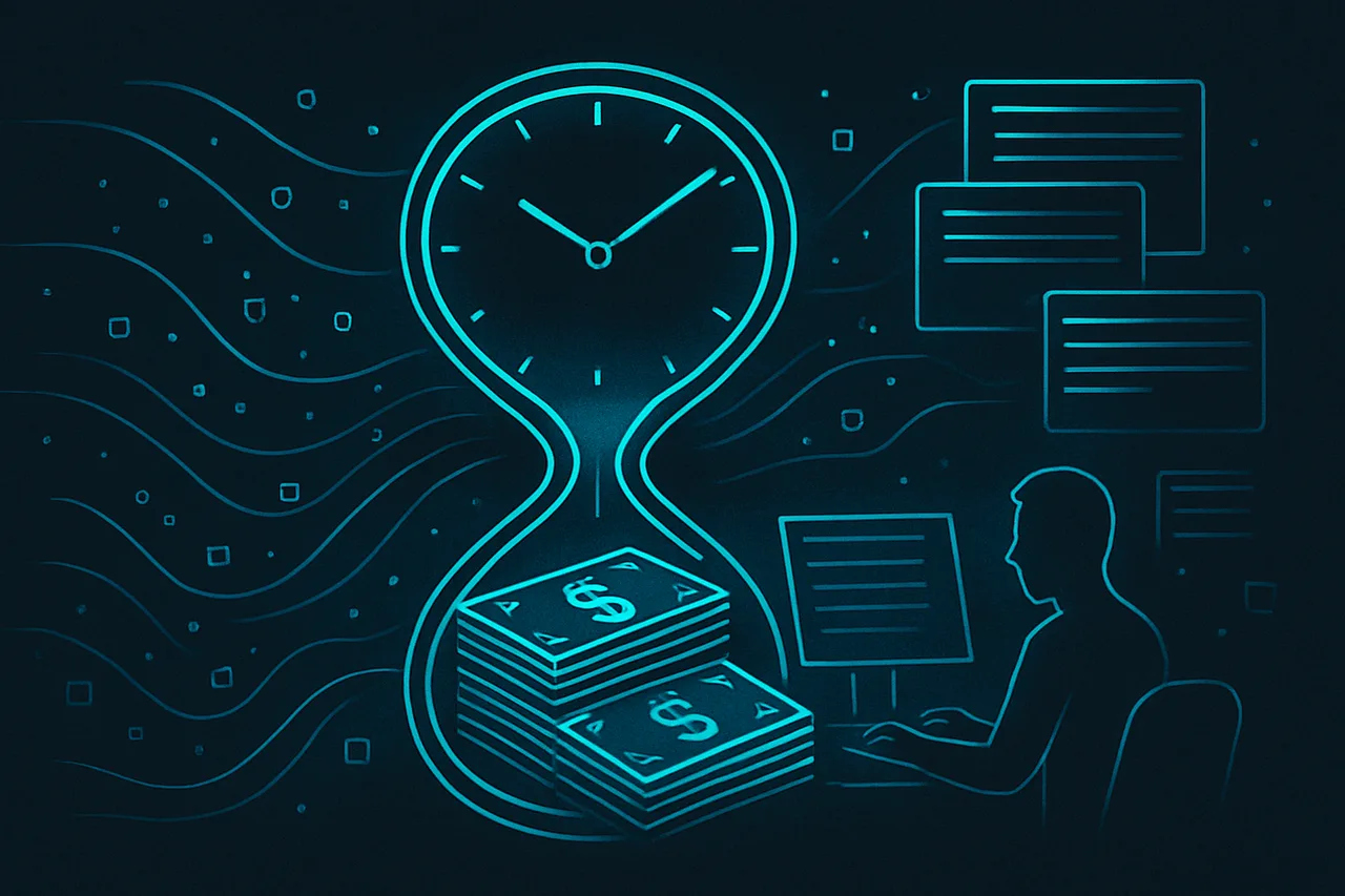 Conceptual illustration transforming time spent on manual privacy tasks into monetary cost visualization
