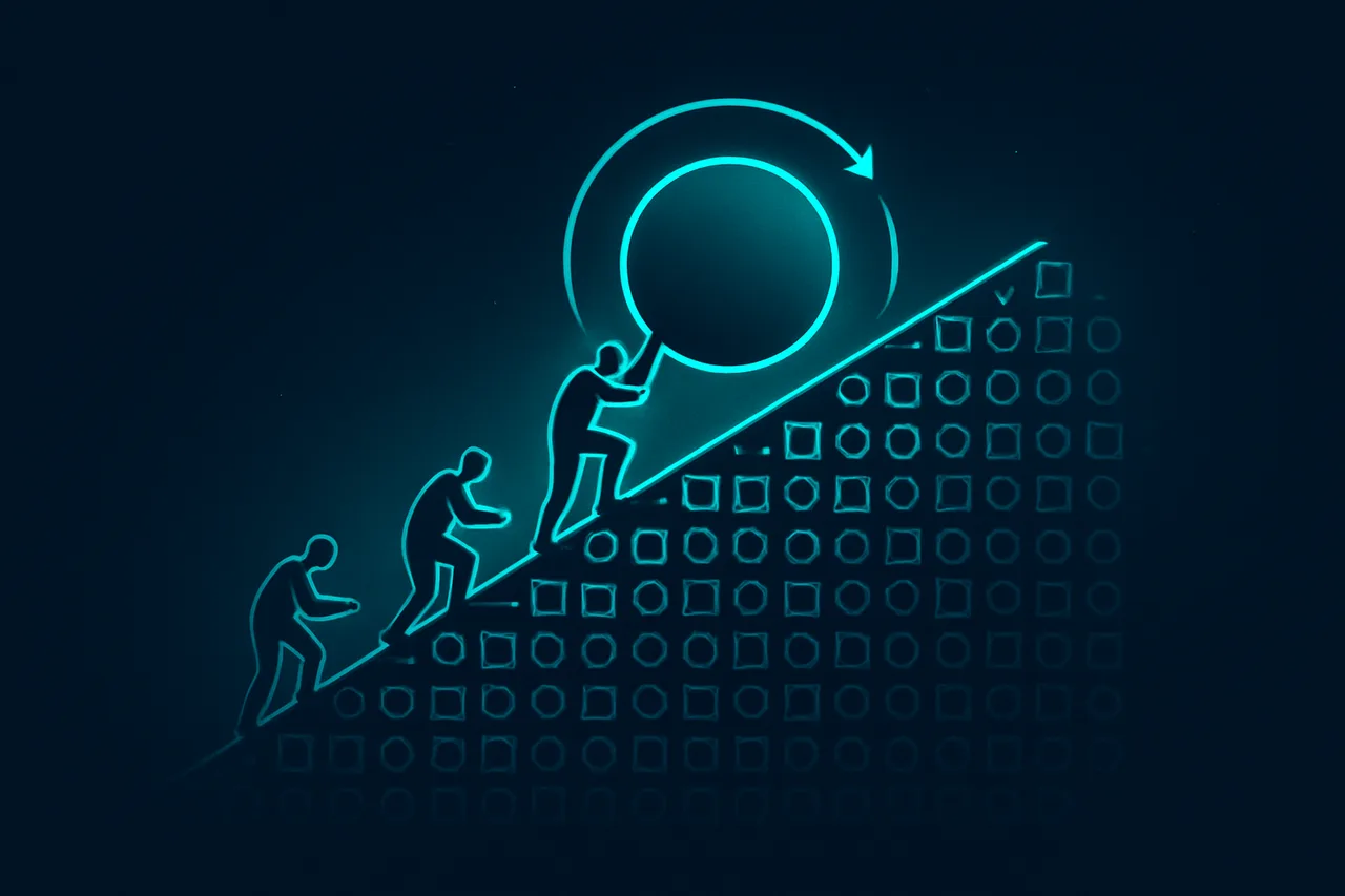 Illustration of the Sisyphus metaphor showing repetitive manual data removal efforts