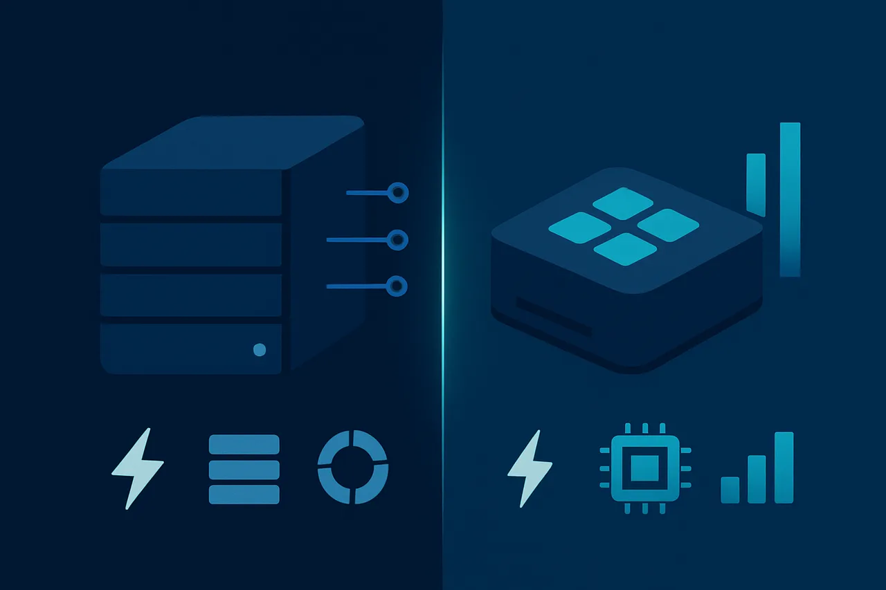 Side-by-side visual comparison of NAS and mini PC architectures with geometric representations and data flow indicators