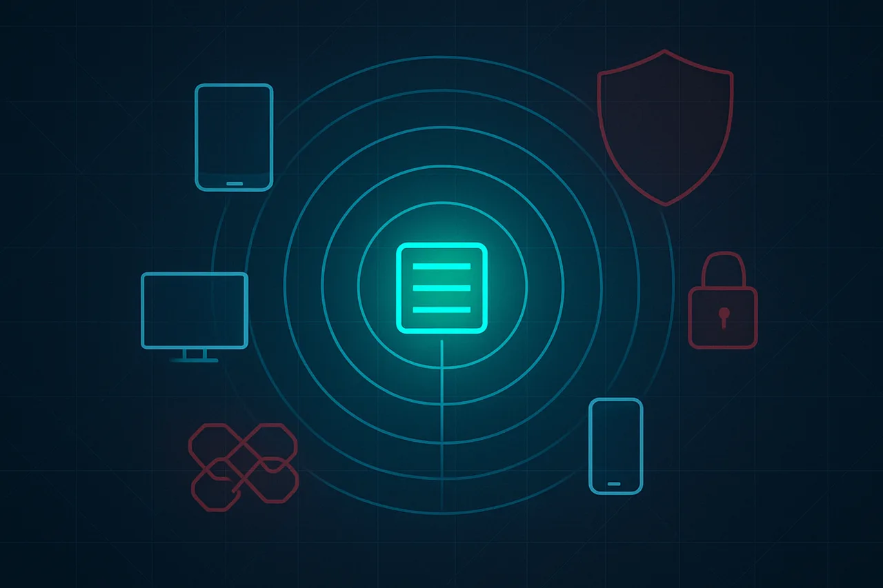 Network diagram showing a home media server connected to multiple devices with security and privacy protection visualized through geometric elements