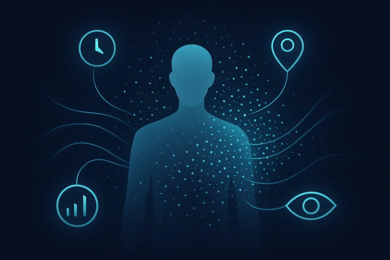 Infographic illustrating data accumulation around a user profile with tracking symbols