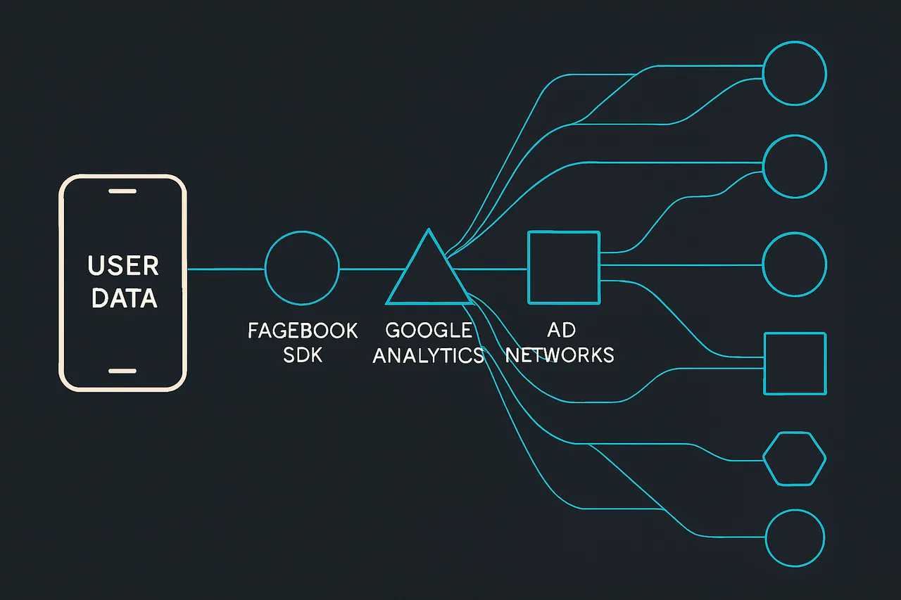 Diagram showing how news app data flows through multiple tracking and advertising networks