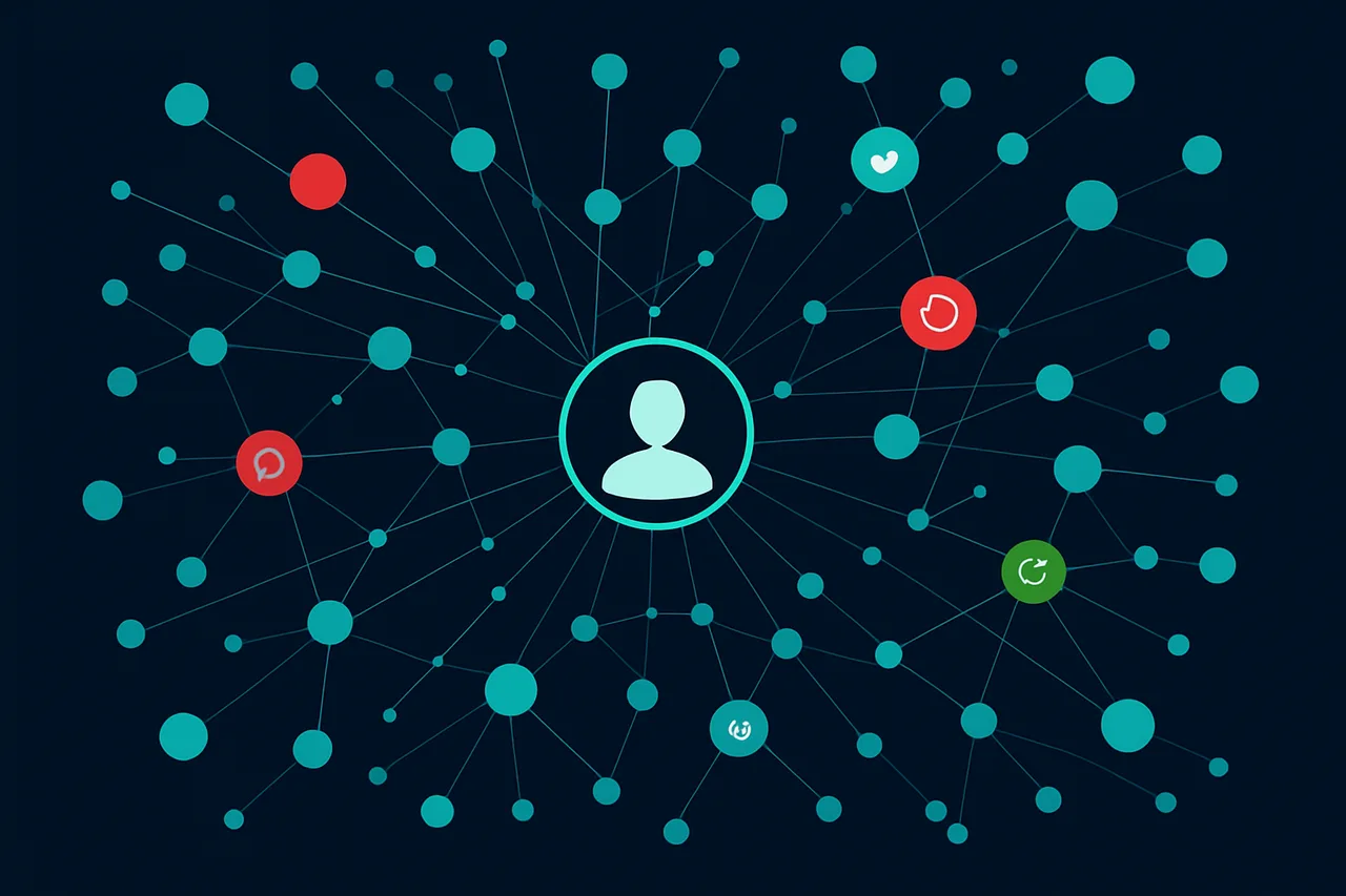 Network diagram showing 200+ data broker nodes with some highlighted in red to represent re-listed personal data and others in green for successful removal